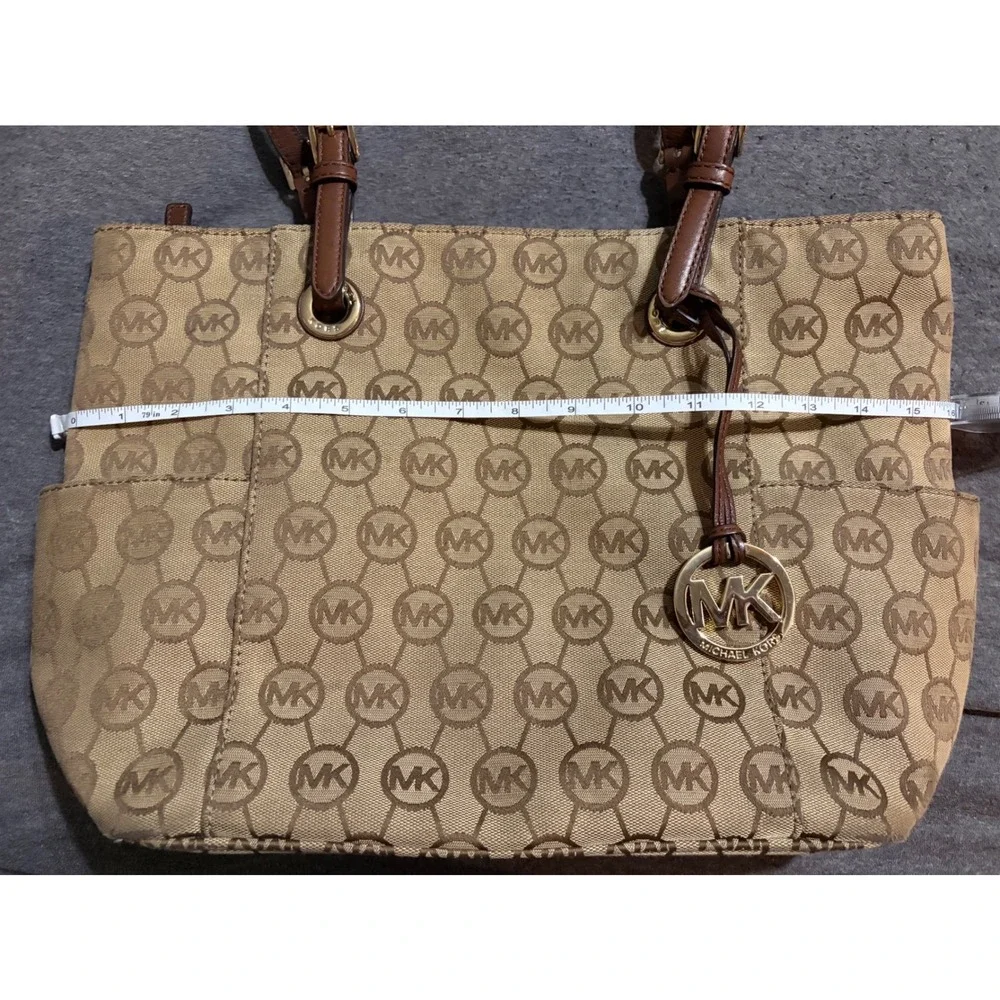 Michael Kors Signature Monogram Tote Bag Brown Jacquard Leather Trim Gold HW